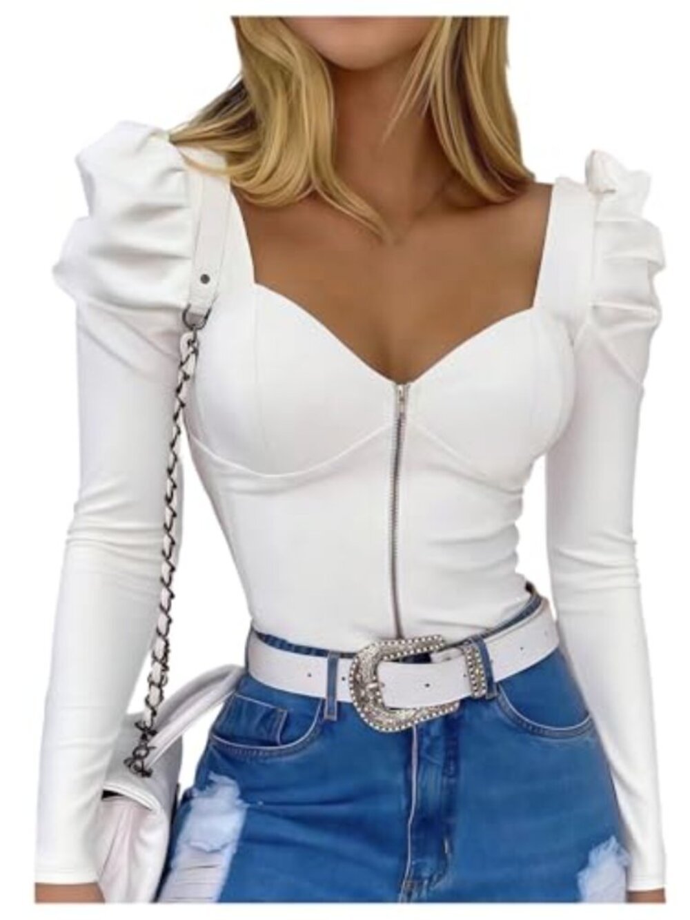 Zip Up Bustier Top Ruffle Puff Sleeve Fitted Formal Blouse